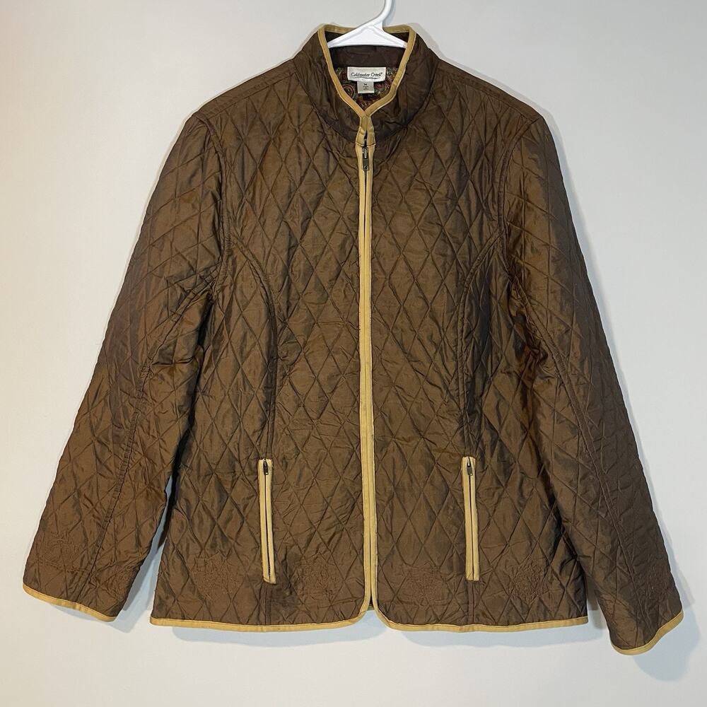 Coldwater Creek Vintage Brown Quilted Full Zip Jacket M Embroidered Tan‎ Trim